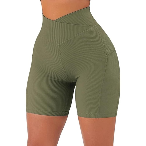 Like New Ribbed Olive Athletic Shorts with Cross Waist and Scrunch Lifting Butt - Picture 1 of 5